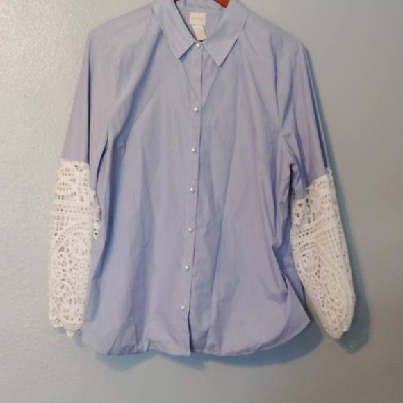 Chicos Lace Style Sleeve Blue Stripe Pearl Button - Picture 15 of 15